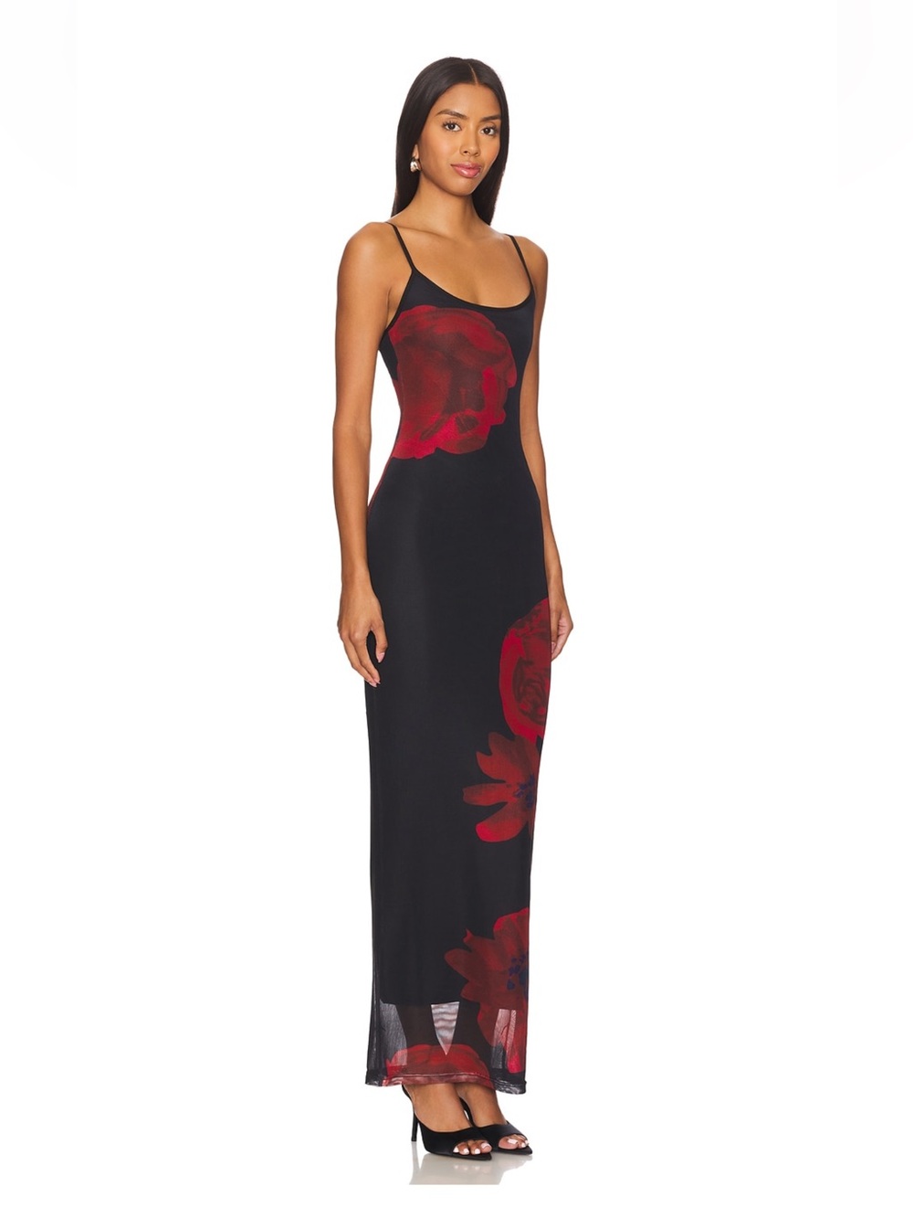 superdown Black Maxi Slip Dress with Red Floral Motif